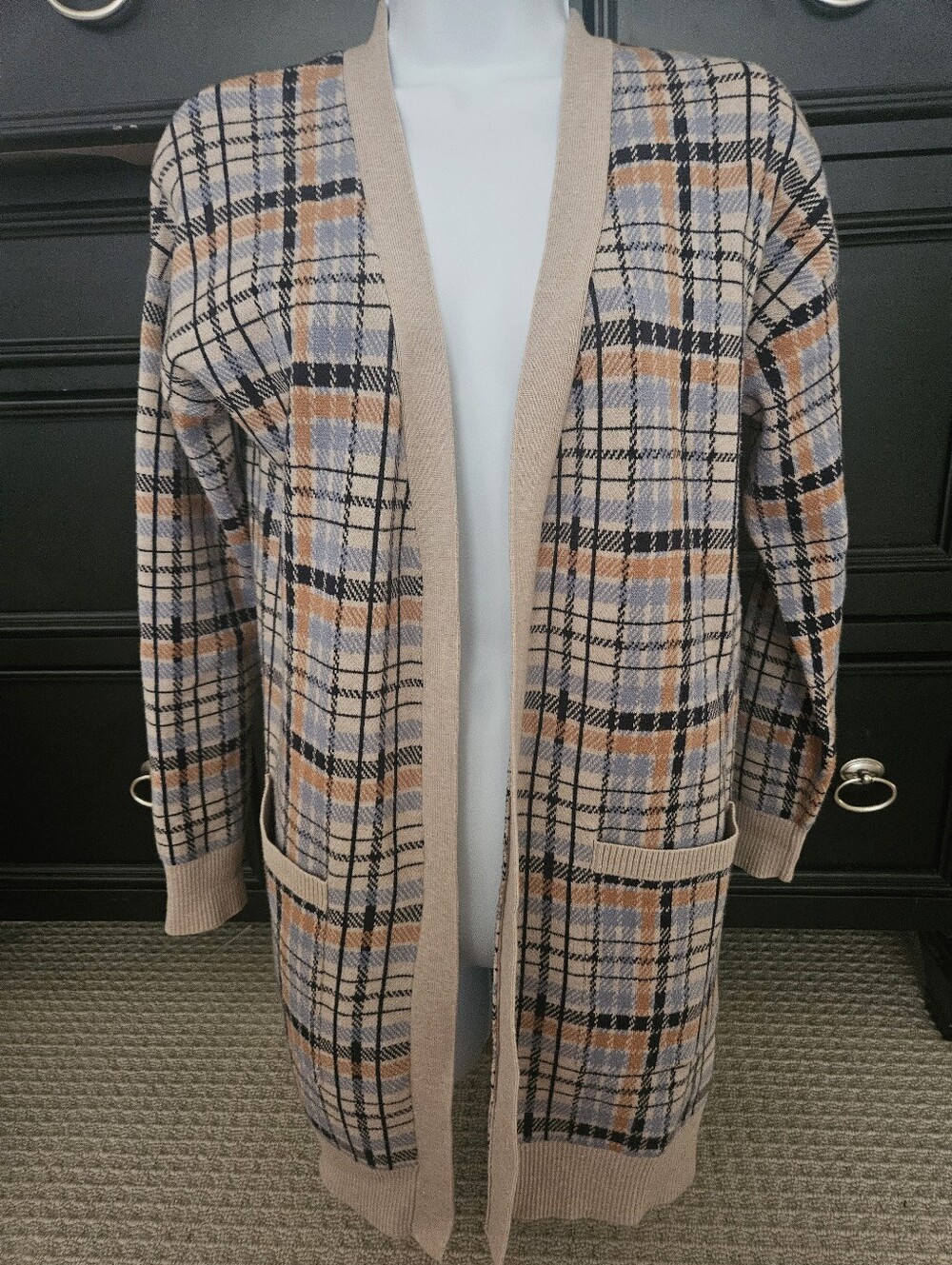 Max Studio Plaid Duster Cardigan Sweater Open Front Pockets Neutral S